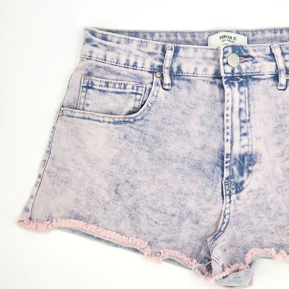 Forever 21 High Waist Cutoff Denim Jean Shorts Women Size 27 Pink Blue Acid Wash - Picture 2 of 10